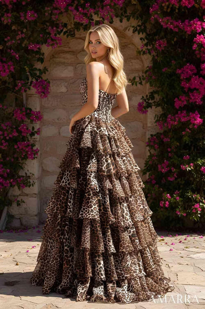 Make a dramatic entrance in this stunning Amarra 89612 prom dress, featuring a bold leopard print that commands attention. The structured corset bodice provides elegant support and definition, while cascading ruffles create movement and volume throughout the skirt. This show-stopping ballgown silhouette is designed for those who want to stand out on prom night. Perfect for formal events where confidence and glamour are essential.

Sizes: 00-24

Colors: Leopard/Print