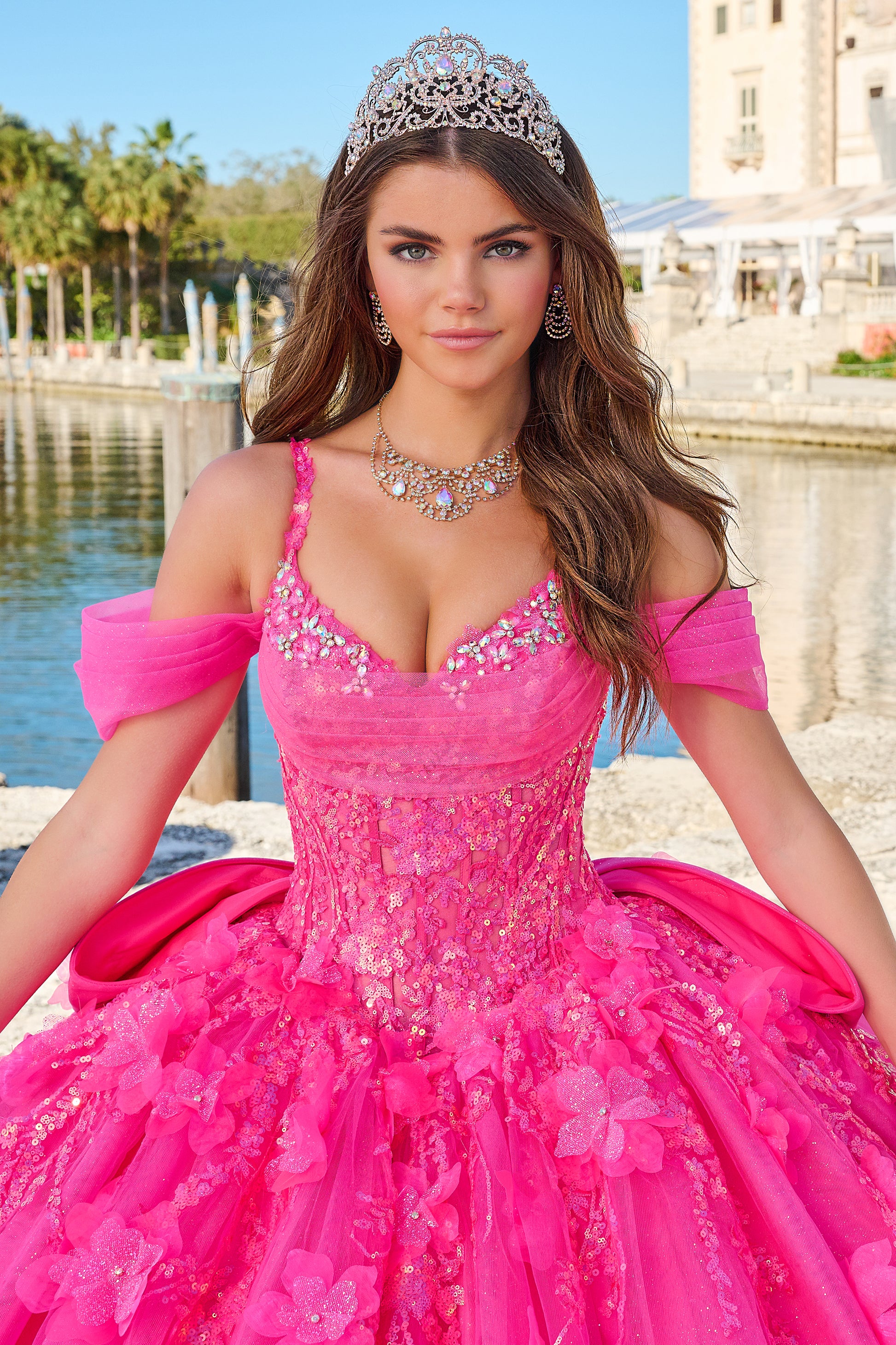 Amarra 54204 Size 0 Hot Pink Quinceanera Dress Train Long Sleeve Bow Flowers Sequins Ballgown off the Shoulder Amarra 54204 Size 0 Hot Pink Quinceanera Dress Train Long Sleeve Bow Flowers Sequins Ballgown off the Shoulder