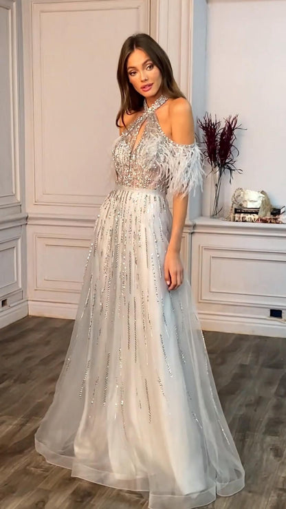 Andrea & Leo ANASTASIA A1023 Evening Gown Silver A Line Sheer Feather Beaded off Shoulder