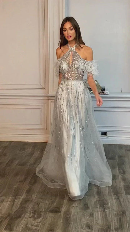 Andrea & Leo ANASTASIA A1023 Evening Gown Silver A Line Sheer Feather Beaded off Shoulder