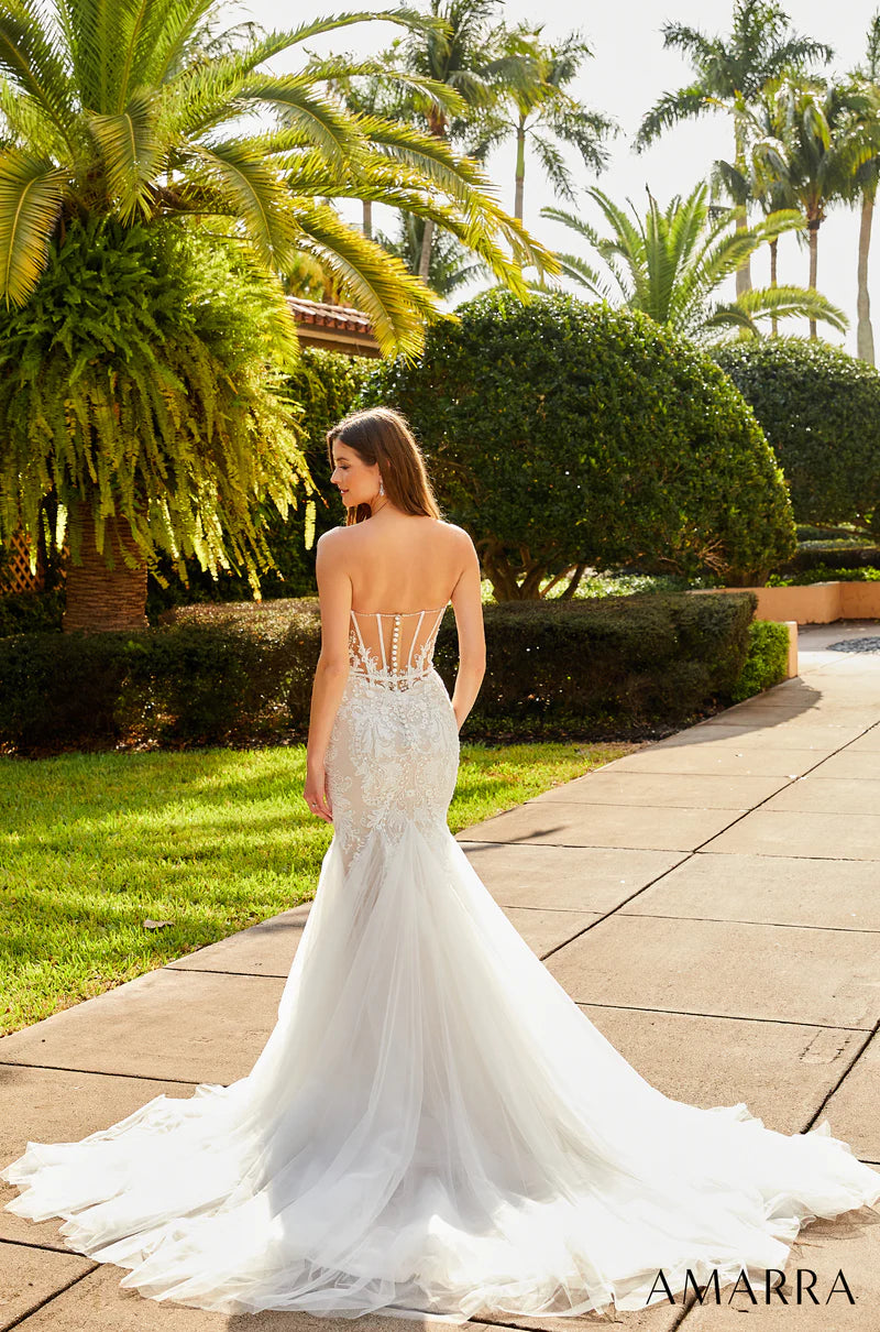 Amarra Bridal 84378 "Angie" Mermaid Spaghetti Strap With Bows Sheer Corset Sweetheart Neckline Wedding Gown. There’s nothing like a wedding dress that has a unique design and draws the eye