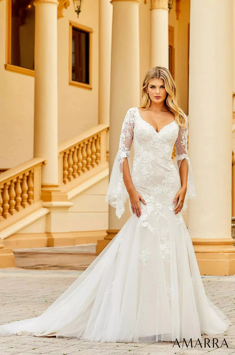 Amarra Bridal 84386 Anna Wedding Dress Mermaid V-Neck Sheer Floral Lon – Glass Slipper Formals