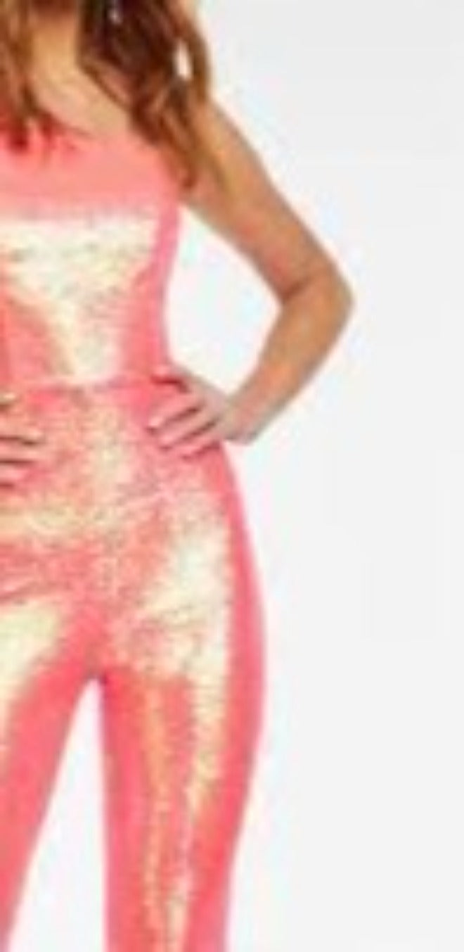 Ashley Lauren 11047 Size 6 Coral One Long Bell Sleeve Flare Sequin Jumpsuit Pageant Wear 