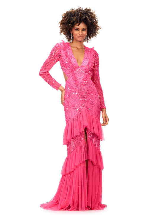 Ashley Lauren 11199 Bring the drama in this v neckline beaded evening gown featuring sleeves and ruffles. The gown is perfectly accented by a center slit and a sweep train.  Available colors:  Ivory, Neon Blue, Bright Pink, Orchid