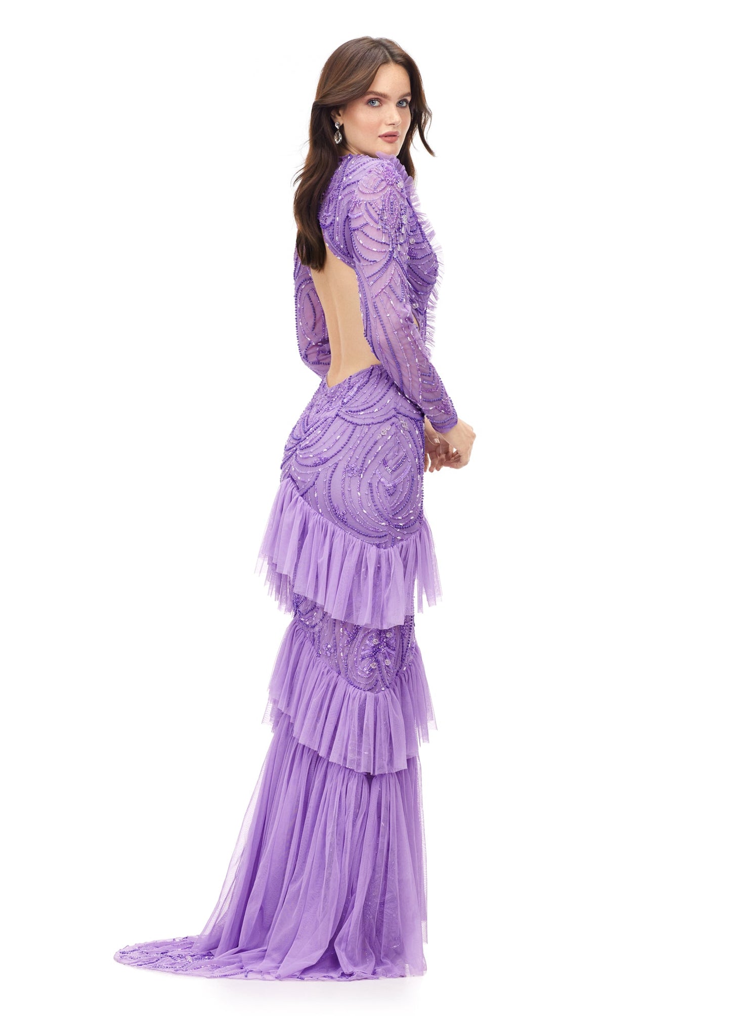 Ashley Lauren 11199 Bring the drama in this v neckline beaded evening gown featuring sleeves and ruffles. The gown is perfectly accented by a center slit and a sweep train.  Available colors:  Ivory, Neon Blue, Bright Pink, Orchid
