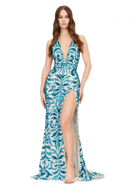 Ashley Lauren 11283 Prom Dress long halter top prom dress plunging neckline turquoise ivory