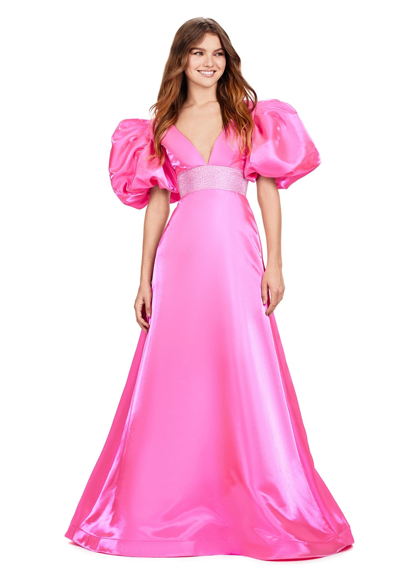 Ashley Lauren 11378 Hot Pink A-Line Evening Gown with Oversized Puff Sleeves