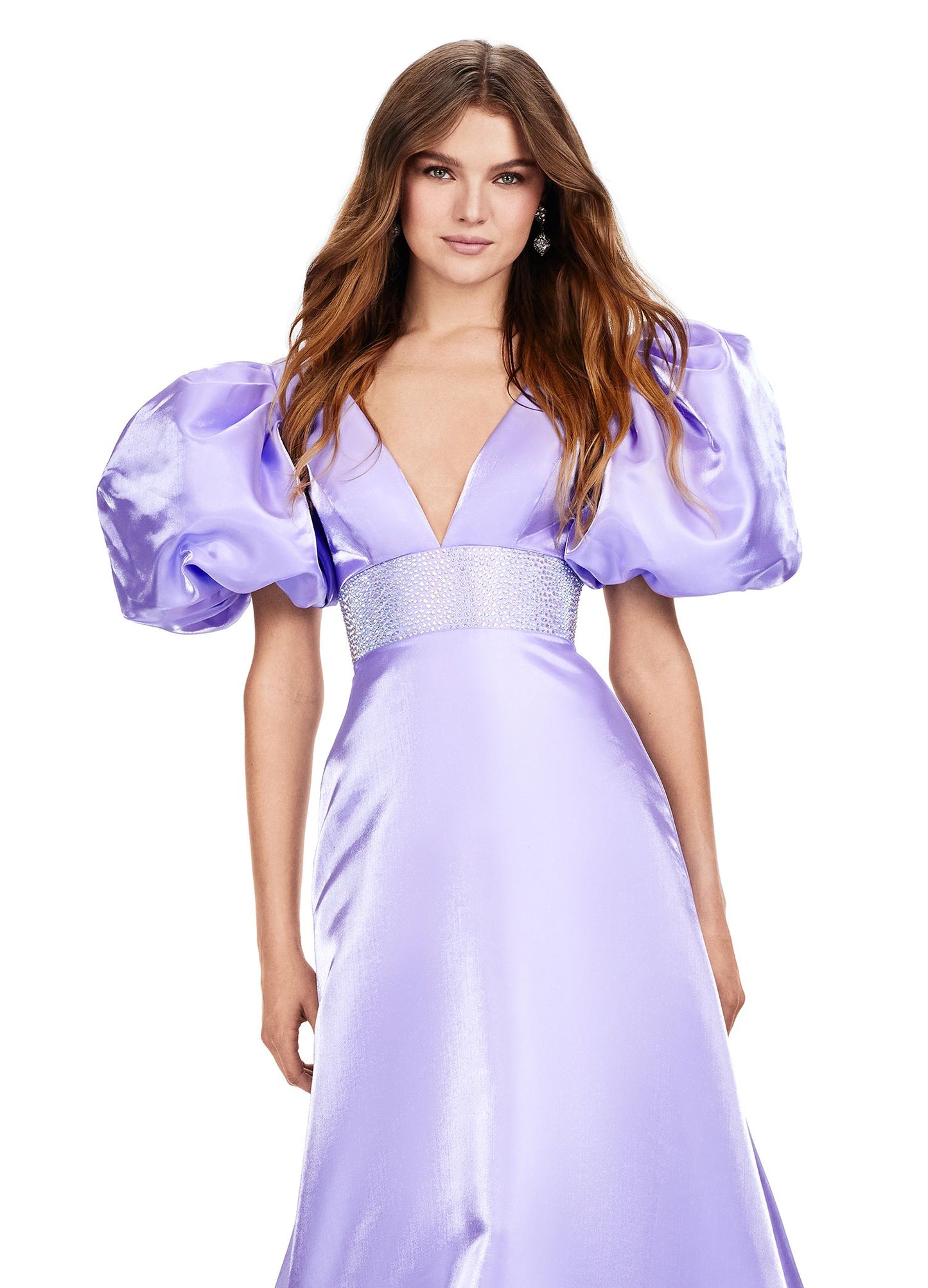 Ashley Lauren 11378 Orchid A-Line Evening Gown with Oversized Puff Sleeves