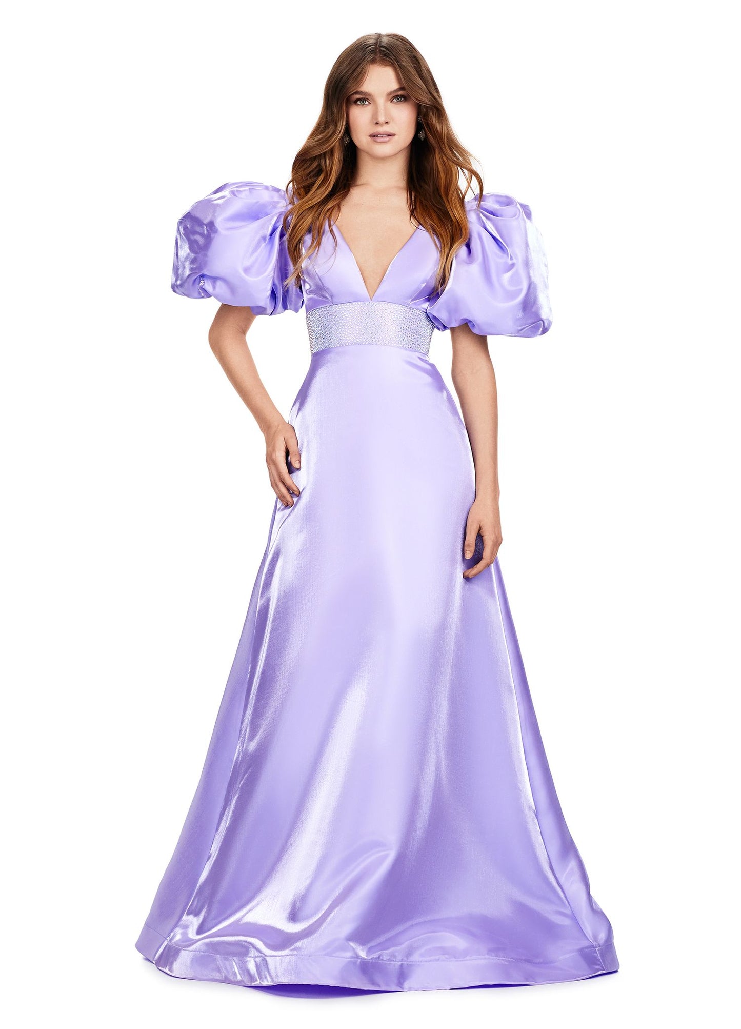 Ashley Lauren 11378 Orchid A-Line Evening Gown with Oversized Puff Sleeves