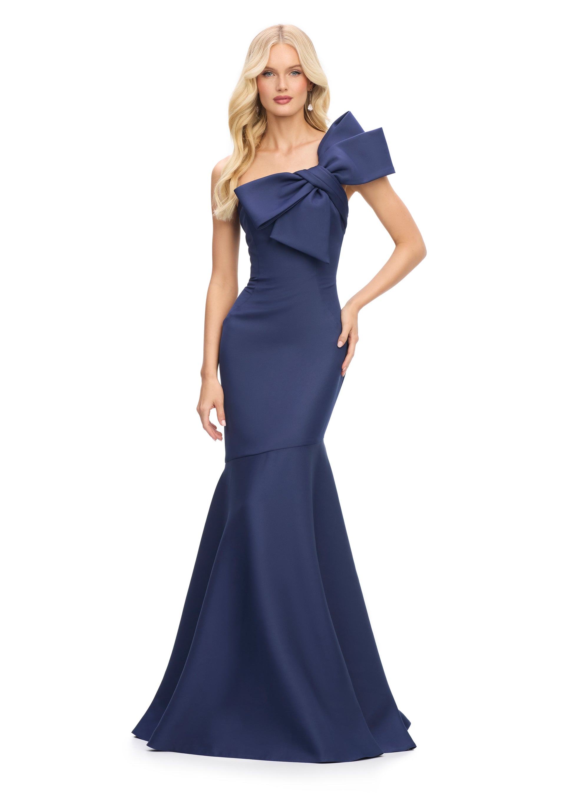 one-shoulder bow train dress Jovani 38466