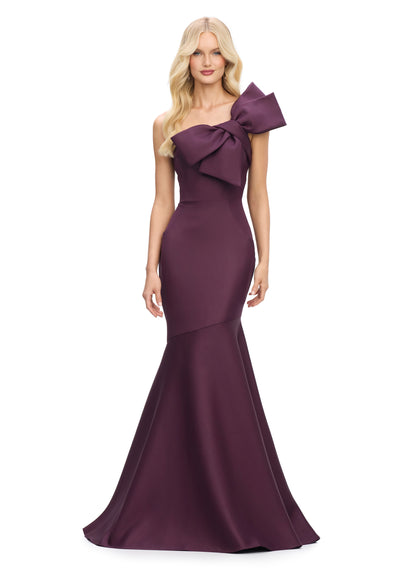 Ashley Lauren 11696 One Shoulder Bow Strap Evening Gown Satin Fit and Flare Sweeping Train