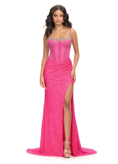 Ashley Lauren 11711 Hot Pink Prom Dress Evening Gown spaghetti straps corset illusion neckline