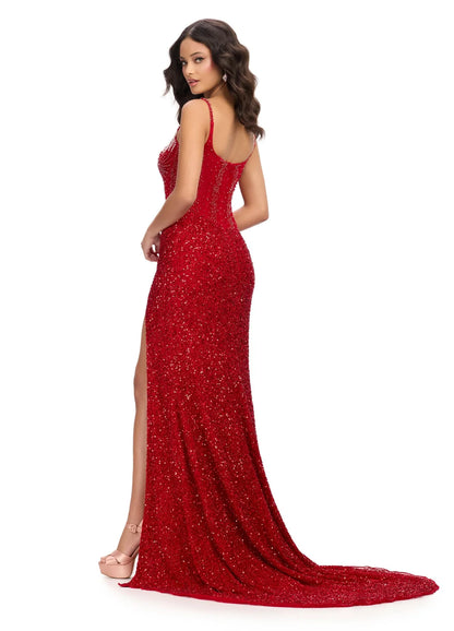 Ashley Lauren 11711 Red Prom Dress Evening Gown spaghetti straps corset illusion neckline