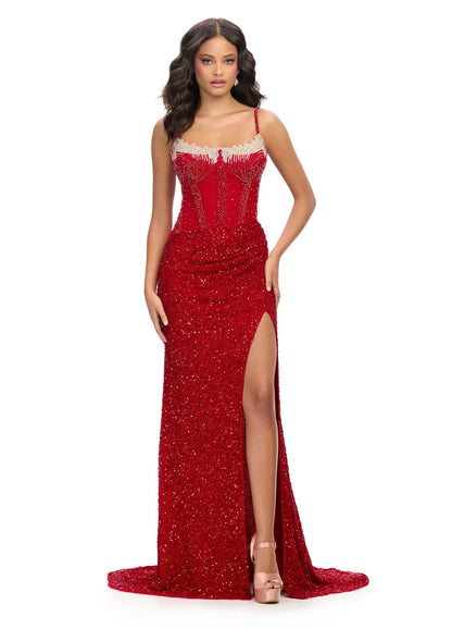 Ashley Lauren 11711 Red Prom Dress Evening Gown spaghetti straps corset illusion neckline