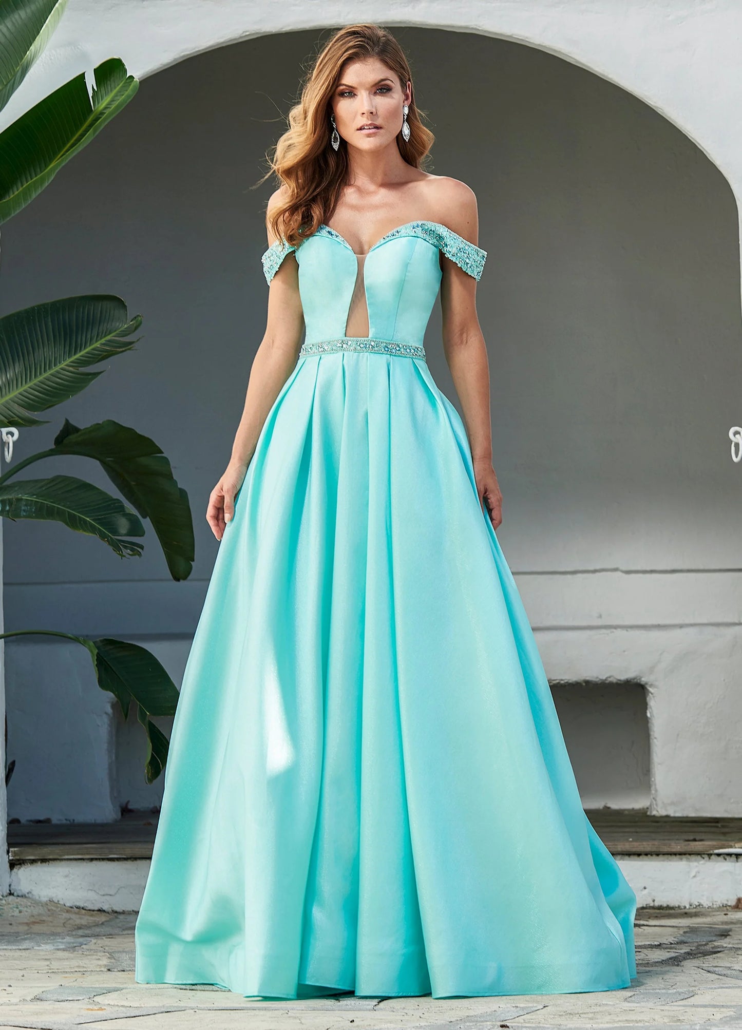Ashley Lauren 1476 Prom Dress Aqua Size 6 Off The Shoulder Ballgown Evening A Line Glass Slipper Formals