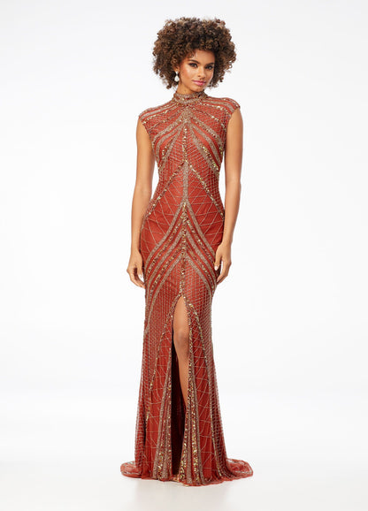 Ashley Lauren 1624 Cap Sleeve Beaded Evening Gown in Amber color.