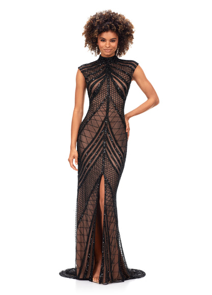 Ashley Lauren 1624 Cap Sleeve Beaded Evening Gown