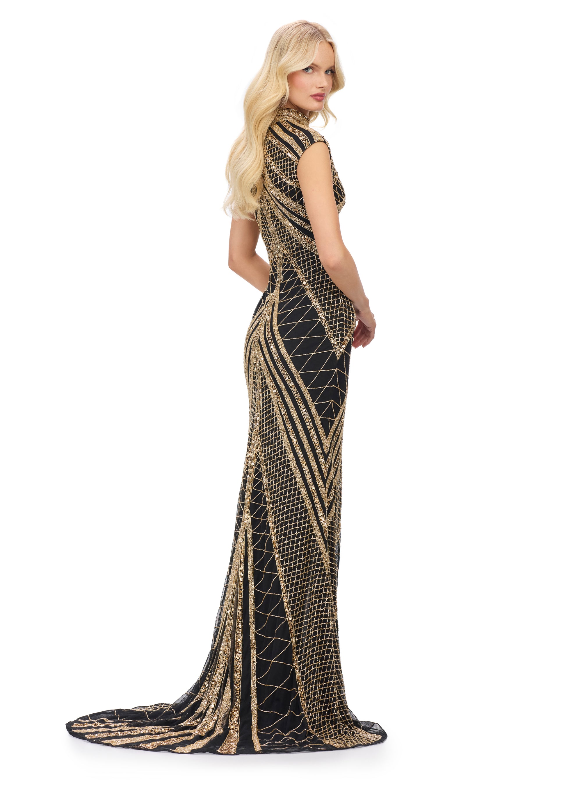 Ashley Lauren 1624 Beaded Evening Gown High Neckline With Center Slit Glass Slipper Formals Ashley Lauren 1624 Beaded Evening Gown High Neckline With Center Slit Glass Slipper Formals