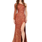 Ashley Lauren 1977 Electric Red Prom and Formal Evening Wear Pageant Dress.  Fitted hand beaded pageant gown featuring one sleeve and a left leg high slit. The long skirt on this evening gown is finished with horsehair trim for fullness. Makes an excellent pageant gown.  Amber color