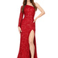 Ashley Lauren 1977 Electric Red Prom and Formal Evening Wear Pageant Dress.  Fitted hand beaded pageant gown featuring one sleeve and a left leg high slit. The long skirt on this evening gown is finished with horsehair trim for fullness. Makes an excellent pageant gown.   Electric Red size 8