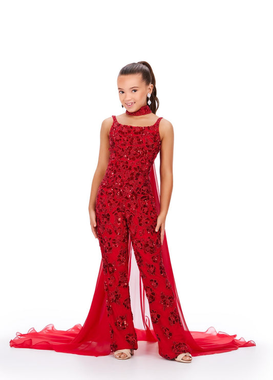 Ashley Lauren Kids 8190 Red Fully Beaded With Beaded Choker And Chiffon Cape Jumpsuit 