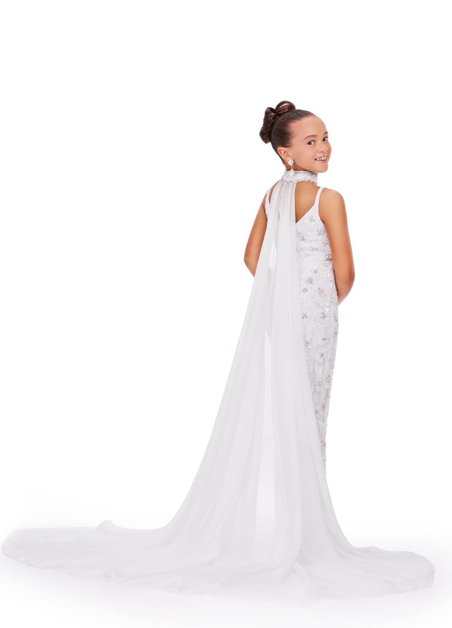 Ashley Lauren Kids 8190 Ivory Fully Beaded With Beaded Choker And Chiffon Cape Jumpsuit 