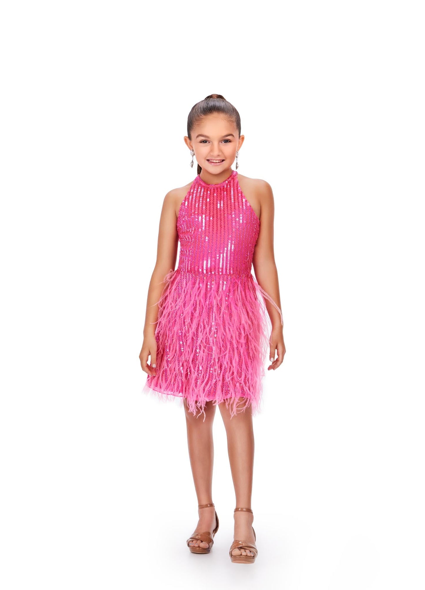 Ashley Lauren Kids 8196 Size 10 Orchid Fully Beaded Girls Cocktail Dress Halter Top With Feather A-Line Skirt