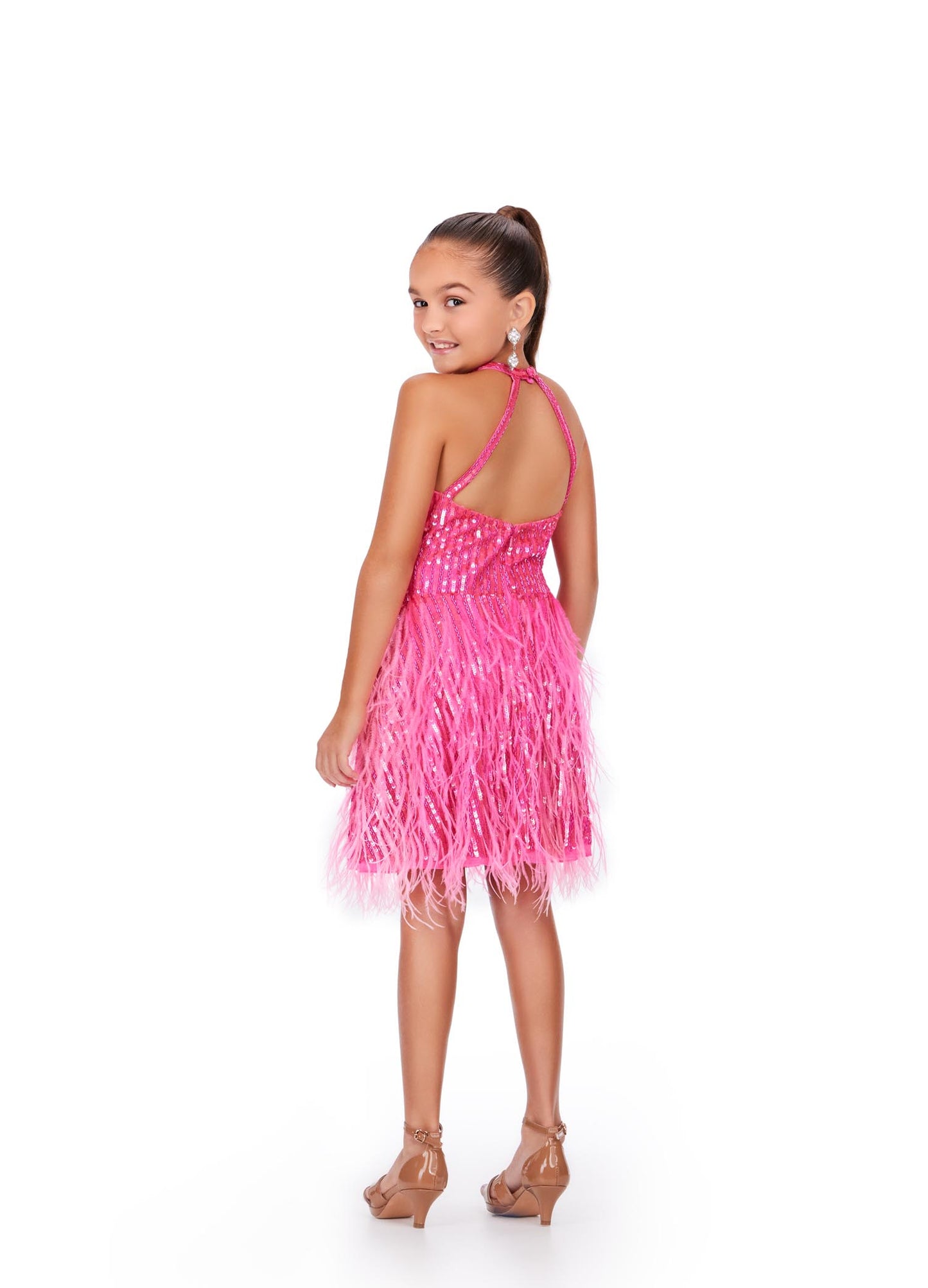 Ashley Lauren Kids 8196 Fully Beaded Girls Cocktail Dress Halter Top With Feather A-Line Skirt
