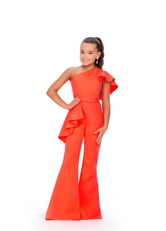 Ashley Lauren Kids 8202 neon orange girls pageant jumpsuit one shoulder ruffle details