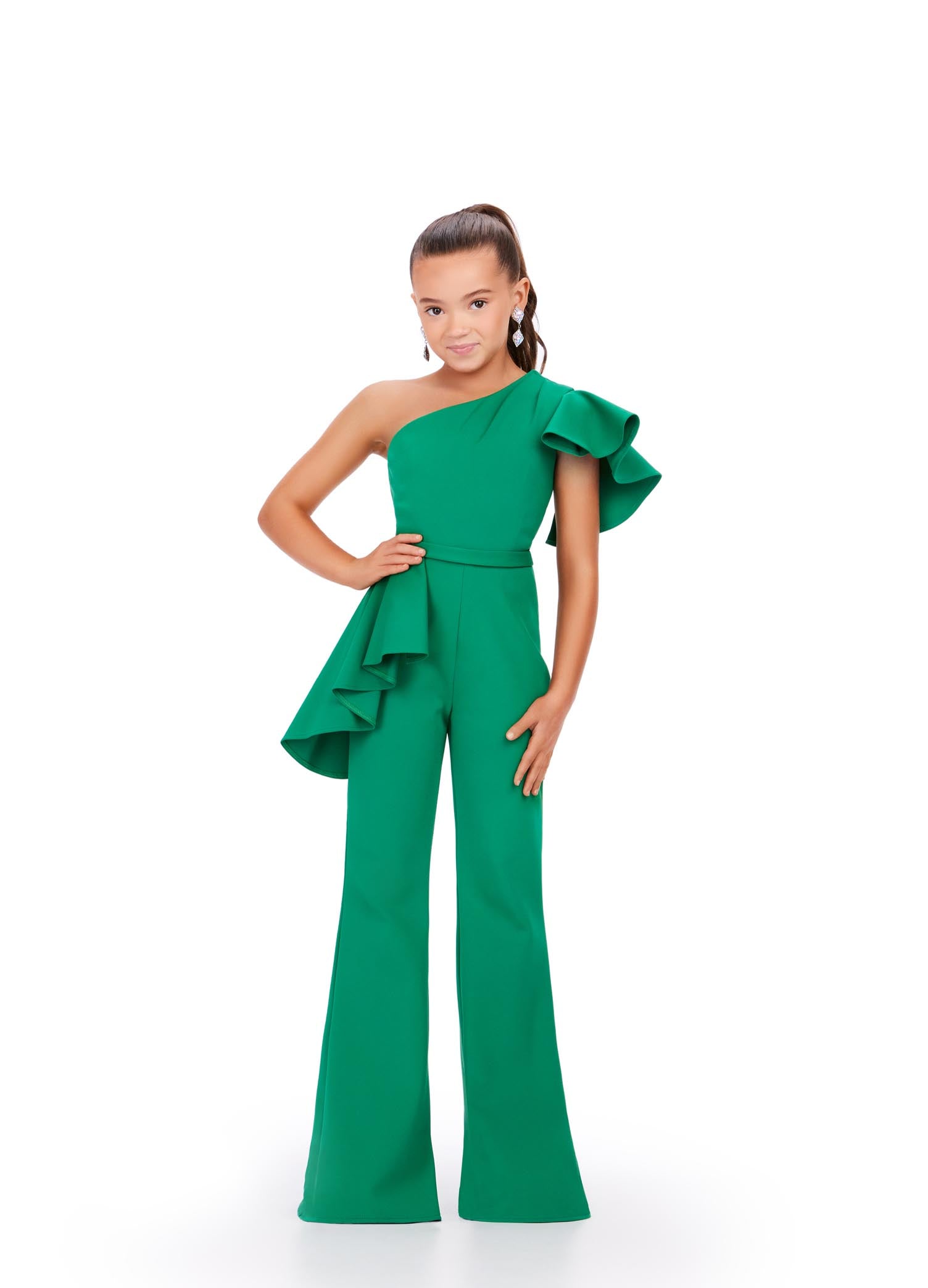 Ashley Lauren Kids 8202 emerald girls pageant jumpsuit one shoulder ruffle details