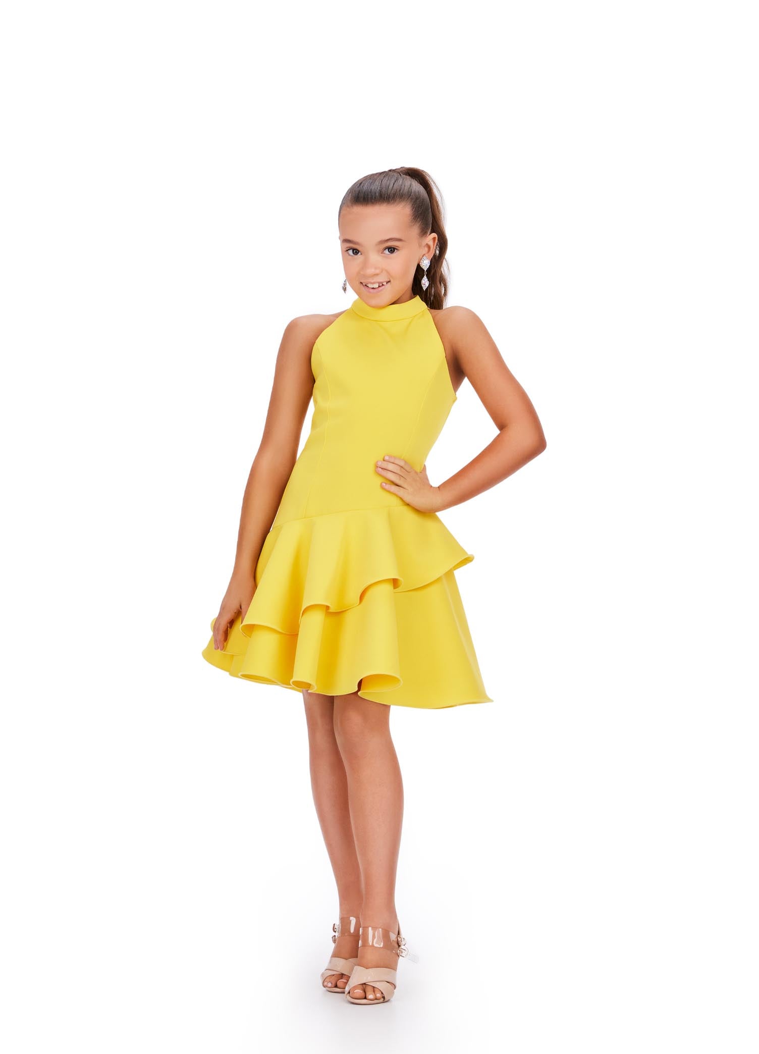 Ashley Lauren Kids 8204 Girls Yellow Cocktail Dress with Asymmetrical Tiered Skirt and high neckline 