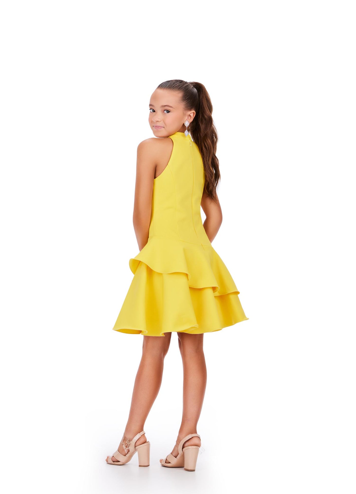 Ashley Lauren Kids 8204 Girls Yellow Cocktail Dress with Asymmetrical Tiered Skirt and high neckline 