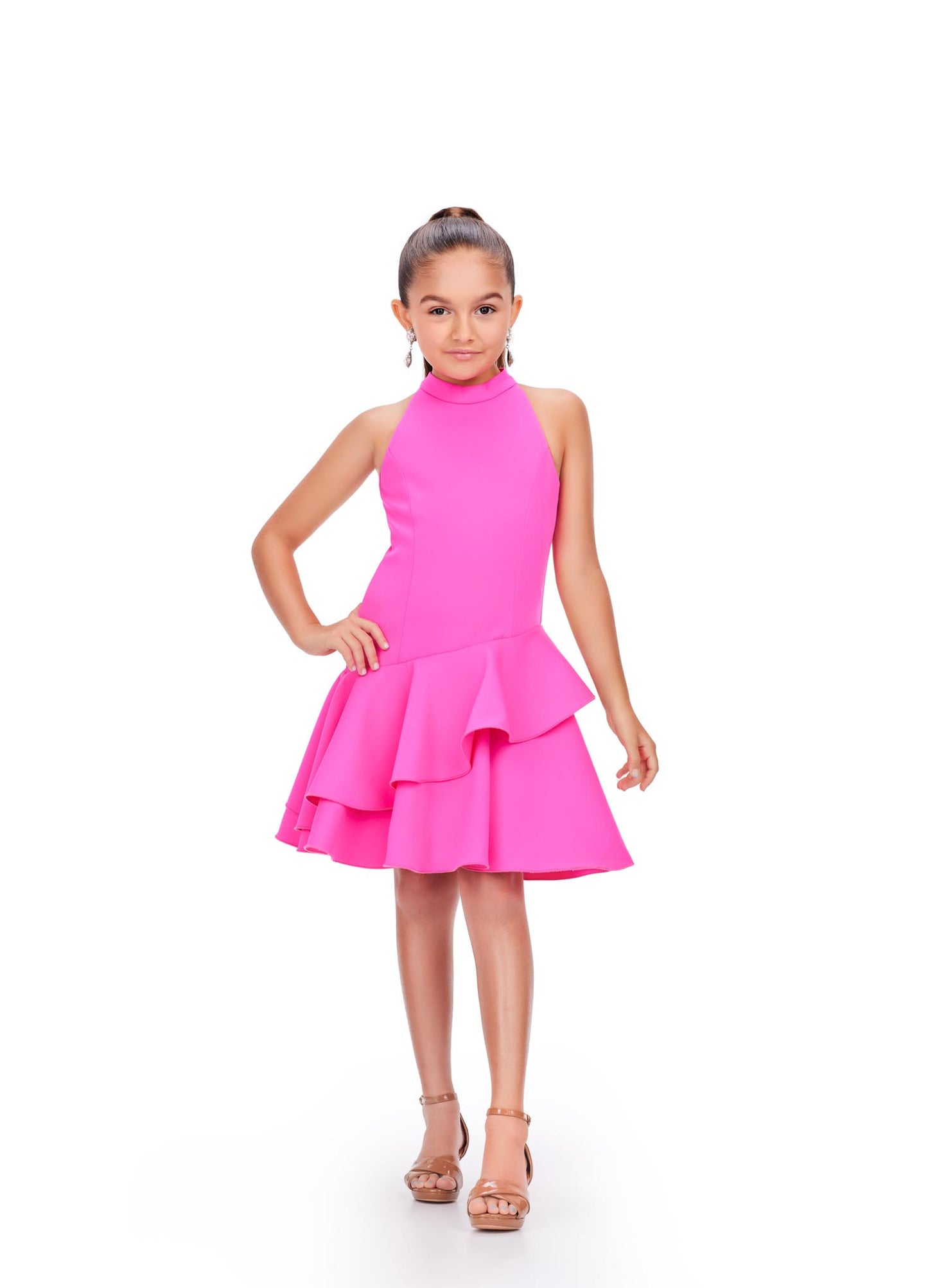 Ashley Lauren Kids 8204 Girls hot pink Cocktail Dress with Asymmetrical Tiered Skirt and high neckline front