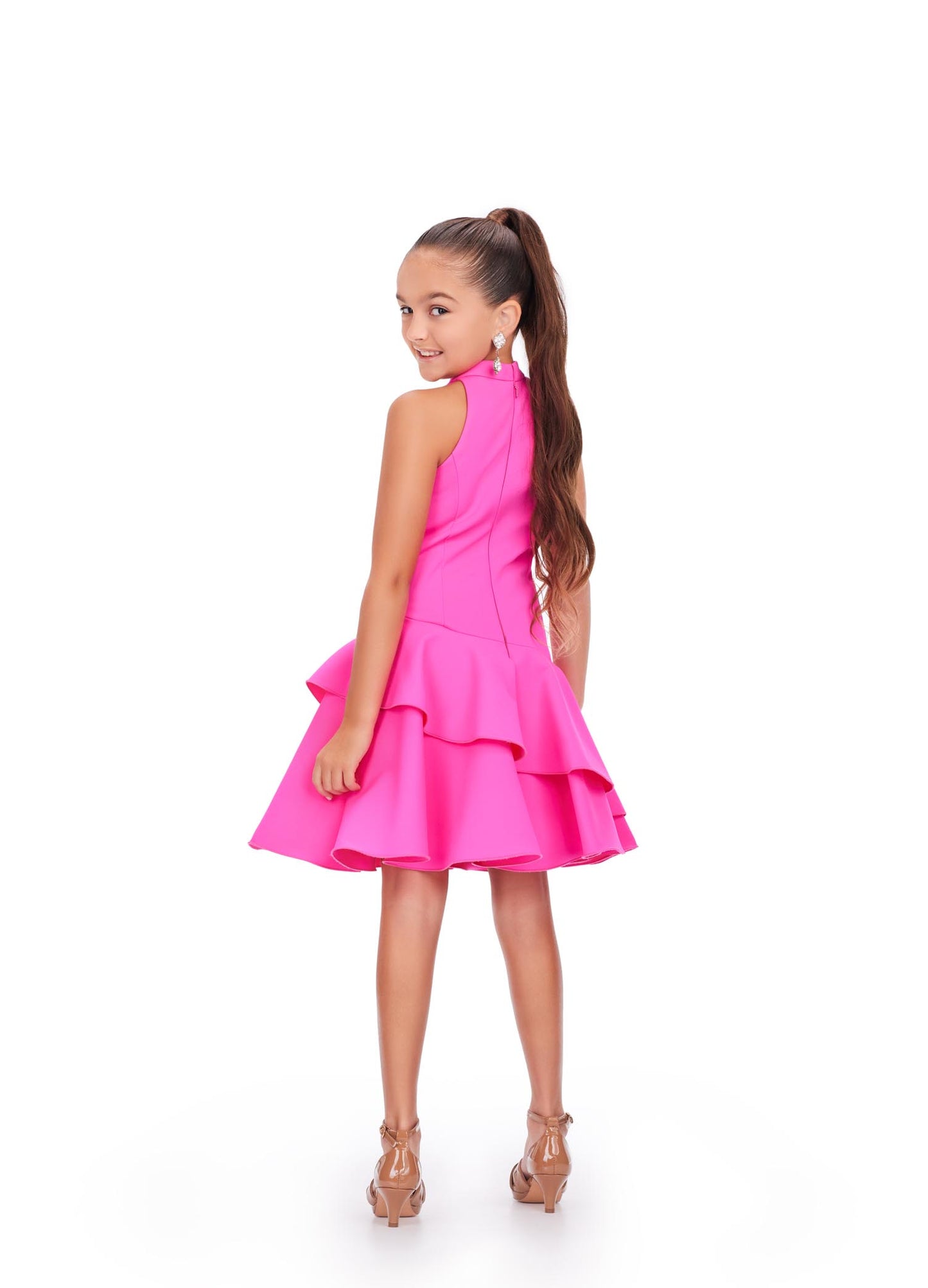 Ashley Lauren Kids 8204 Girls hot pink Cocktail Dress with Asymmetrical Tiered Skirt and high neckline