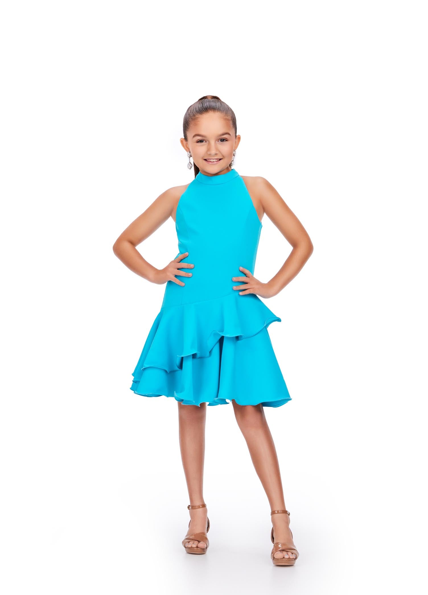 Ashley Lauren Kids 8204 Girls Turquoise Cocktail Dress with Asymmetrical Tiered Skirt and high neckline