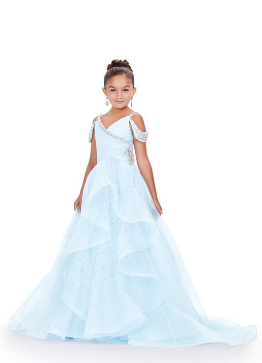 Ashley Lauren Kids 8213 Girls Pageant Dress.  A dress straight out of a fairytale! This organza ball gown features a V-Neckline and off shoulder beaded straps. The beadwork cascades down the dress giving major princess vibes! V-Neckline Off Shoulder Straps Crystal Details Ball Gown Black, Orchid, Sky