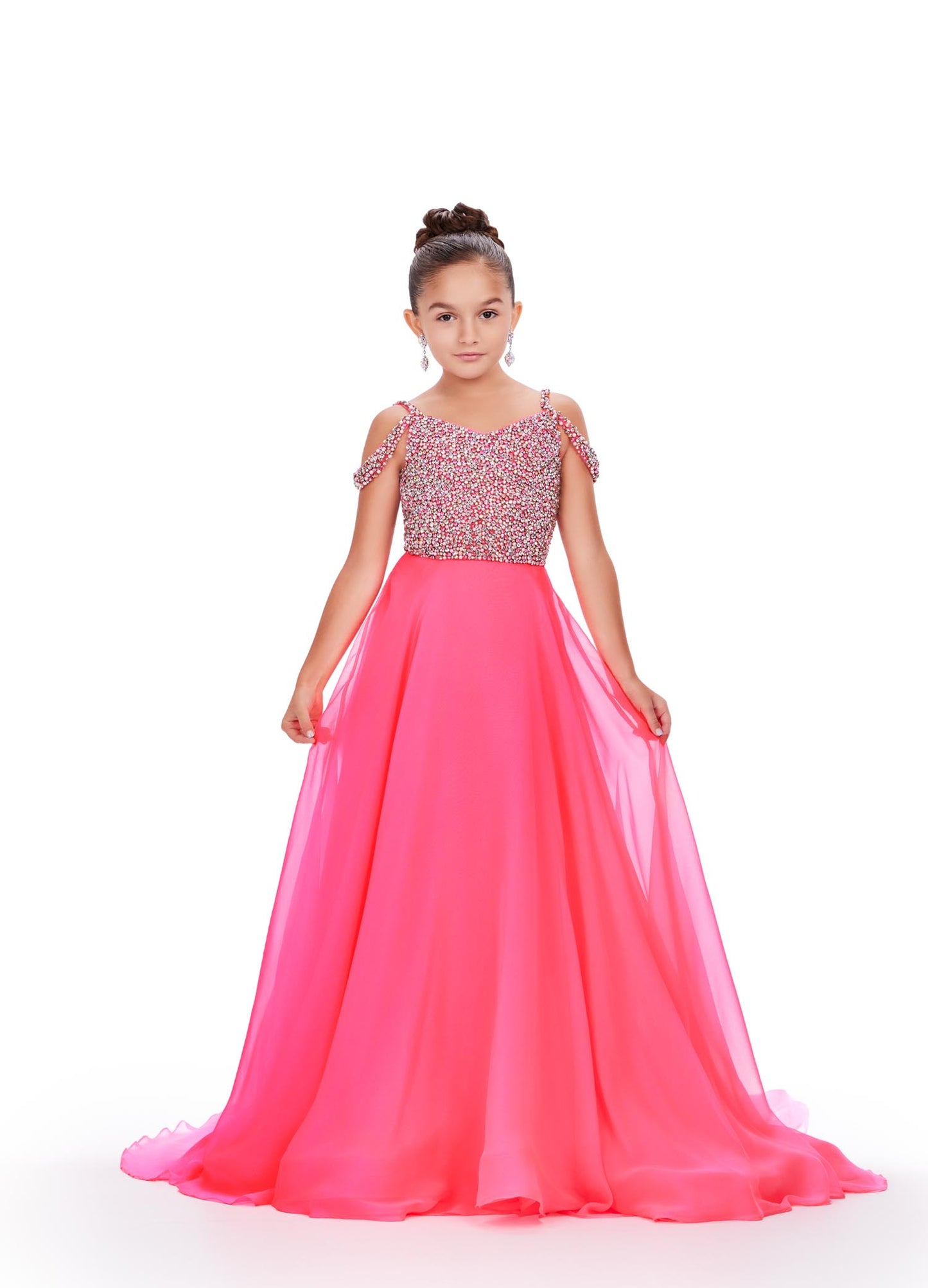 Ashley Lauren Kids 8220 girls hot pink pageant gown. Beaded Bustier A-Line Off The Shoulder Sweetheart Neckline Chiffon Gown. We are obsessed with this elegant gown! The fully beaded bodice features off shoulder straps and a fabulous, flowy chiffon skirt.