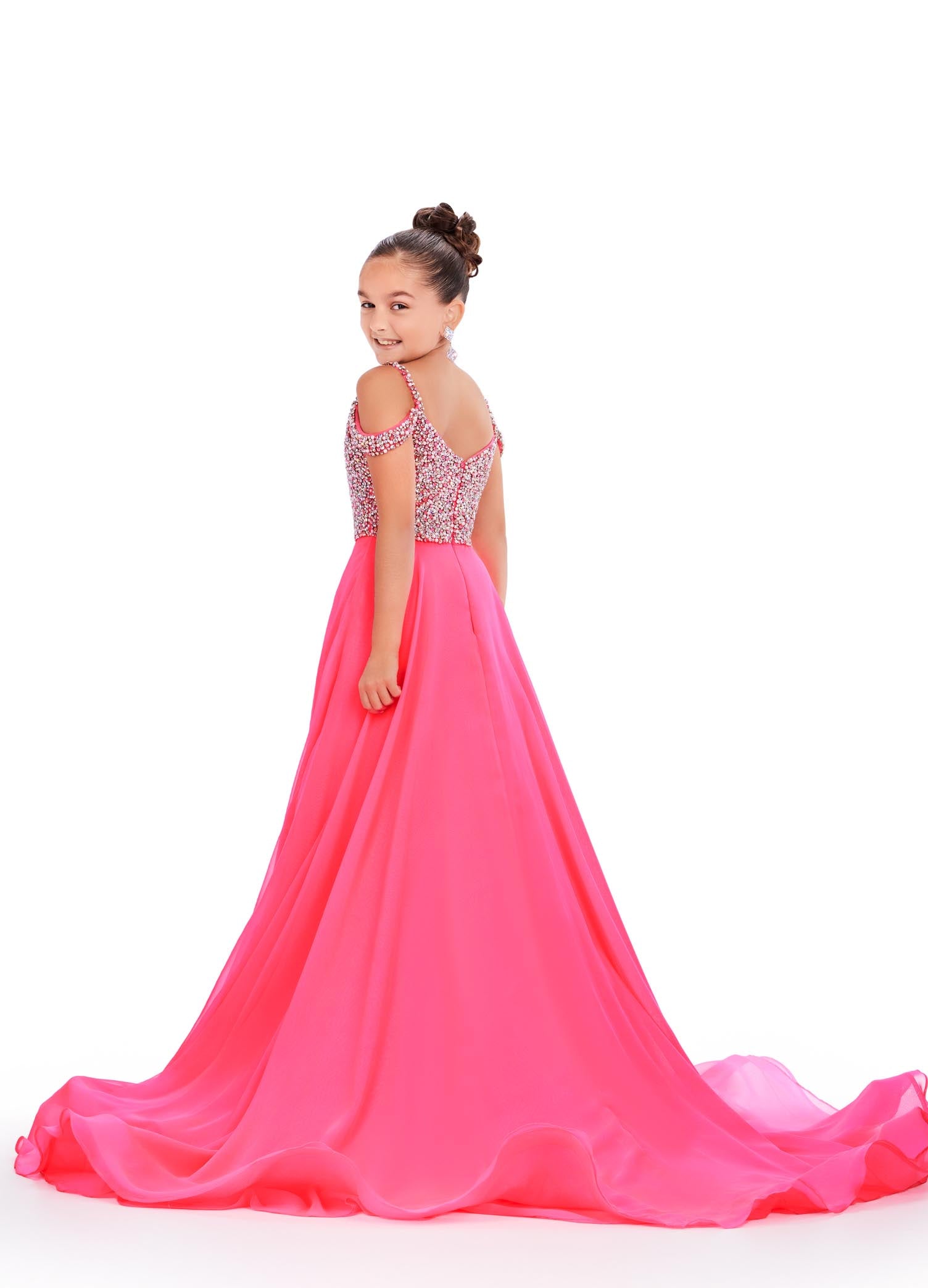 Ashley Lauren Kids 8220 Beaded Bustier A-Line Off The Shoulder Sweetheart Neckline Chiffon Gown. We are obsessed with this elegant gown! The fully beaded bodice features off shoulder straps and a fabulous, flowy chiffon skirt.