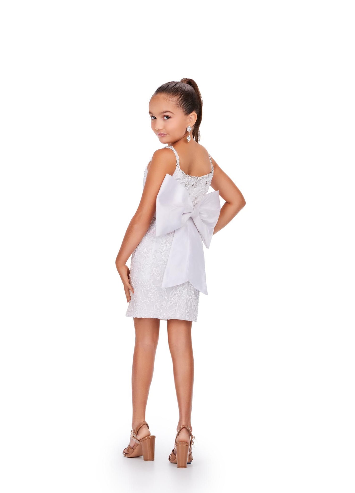 Ashley Lauren Kids 8230 Fully Beaded Oversized Removable Bow Fitted Skirt Spaghetti Strap Cocktail Dress