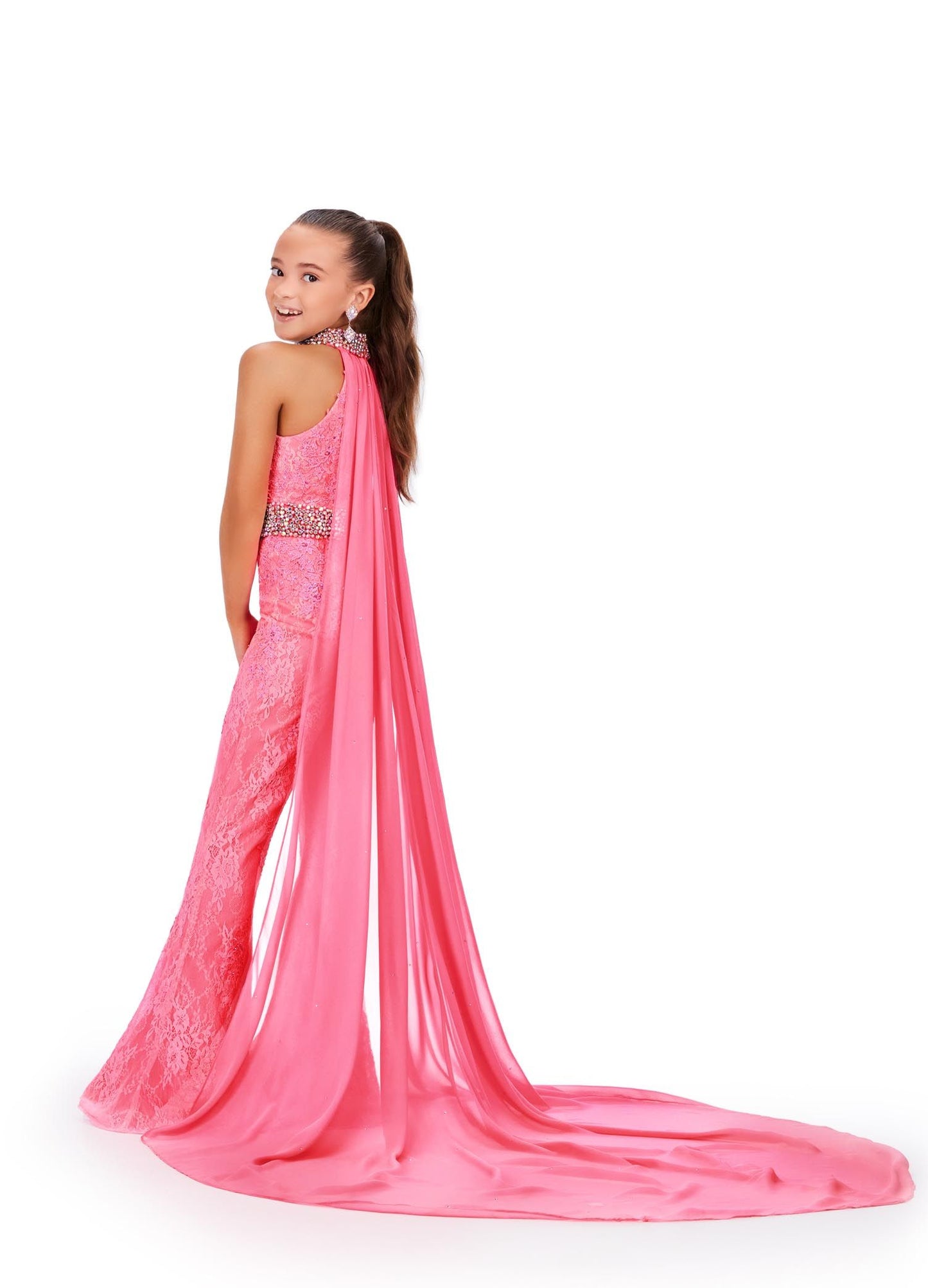 Ashley Lauren Kids 8225 Girls hot pink Lace Crystal Jumpsuit Cape Bell Bottom Pageant Fun Fashion Wear