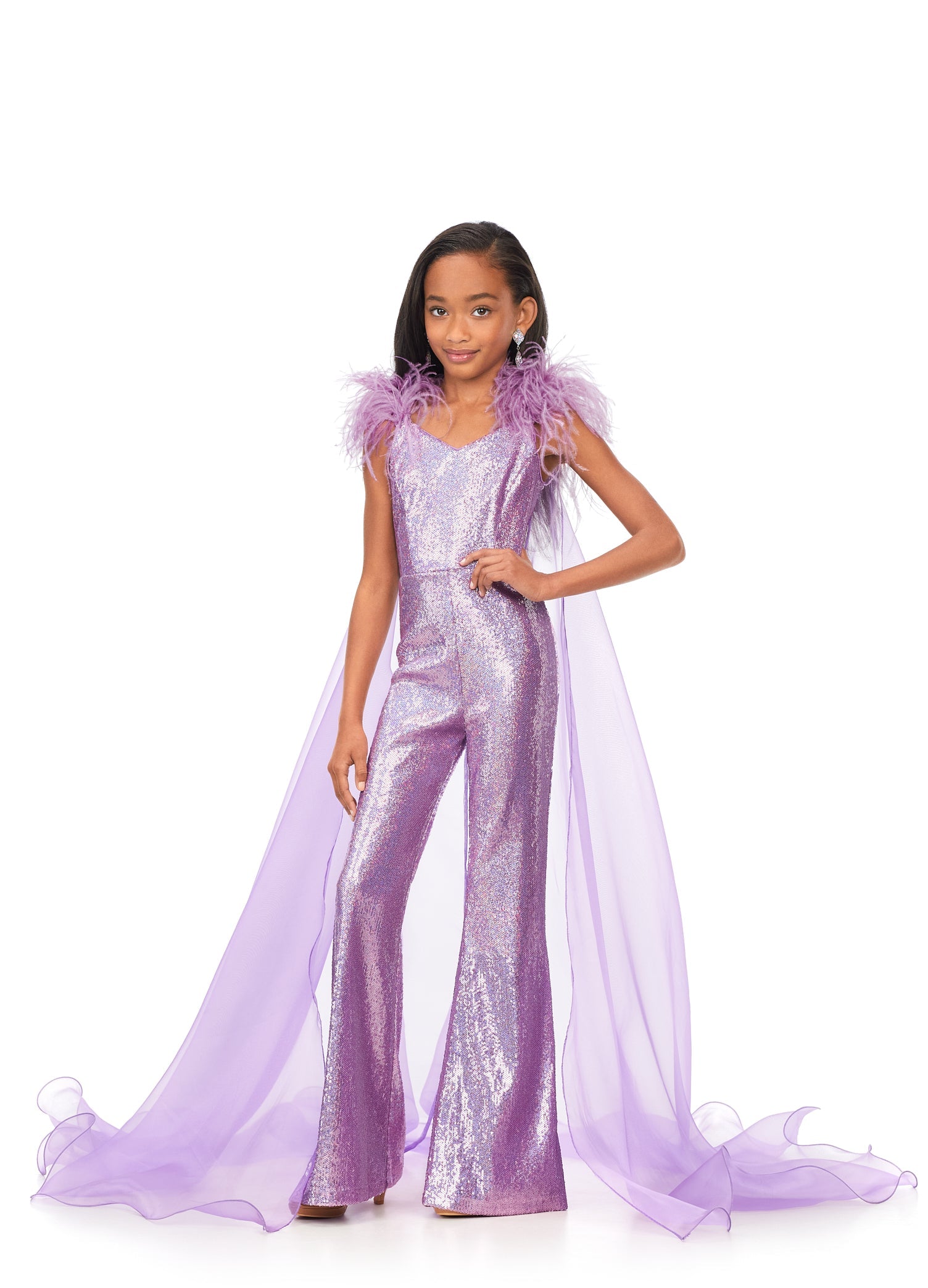 in Stock Ashley Lauren Kids 8174 Size 4,8,10,12,14 Orchid Girls Sequin Jumpsuit Cape Pageant Fun Fashion 14 / Orchid