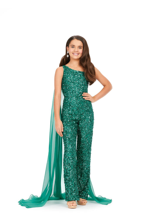 Ashley Lauren Kids 8191 Girls Beaded Jumpsuit cape Sequin One Shoulder Pageant Wear