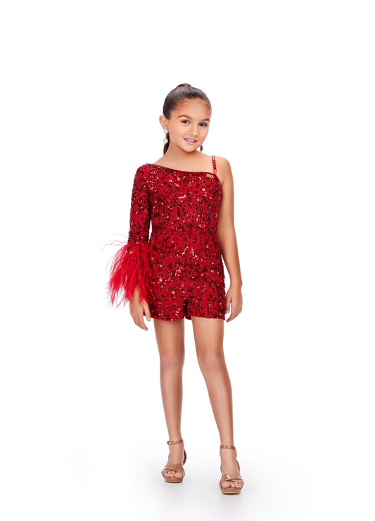 Ashley Lauren Kids 8192 Red Girls Pageant Romper One Shoulder Long Sleeve With Feather Detail Fully Beaded Romper 