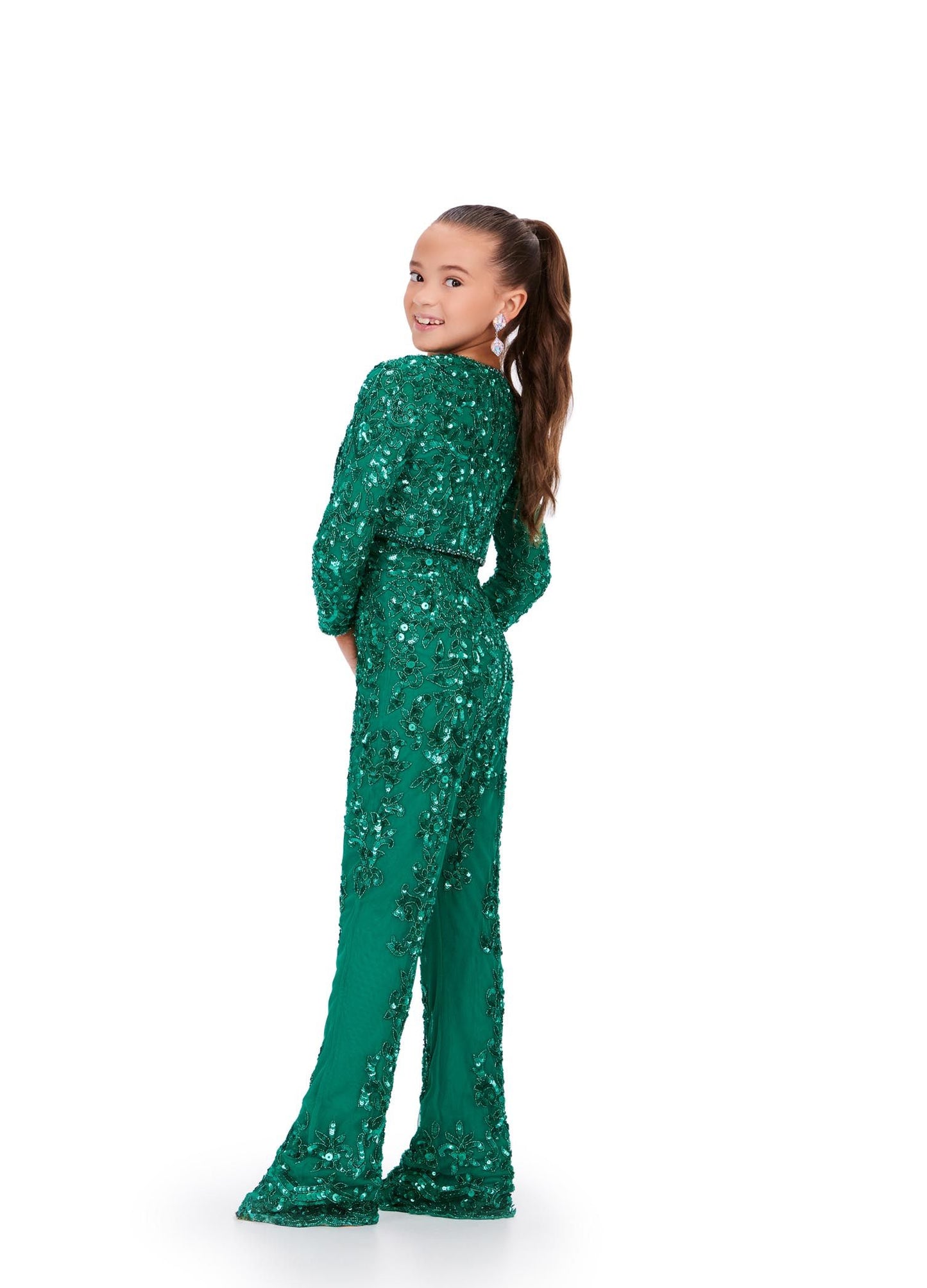 Ashley Lauren Kids 8232 jade Girls Beaded Pageant Jumpsuit Long sleeve Blazer Jacket