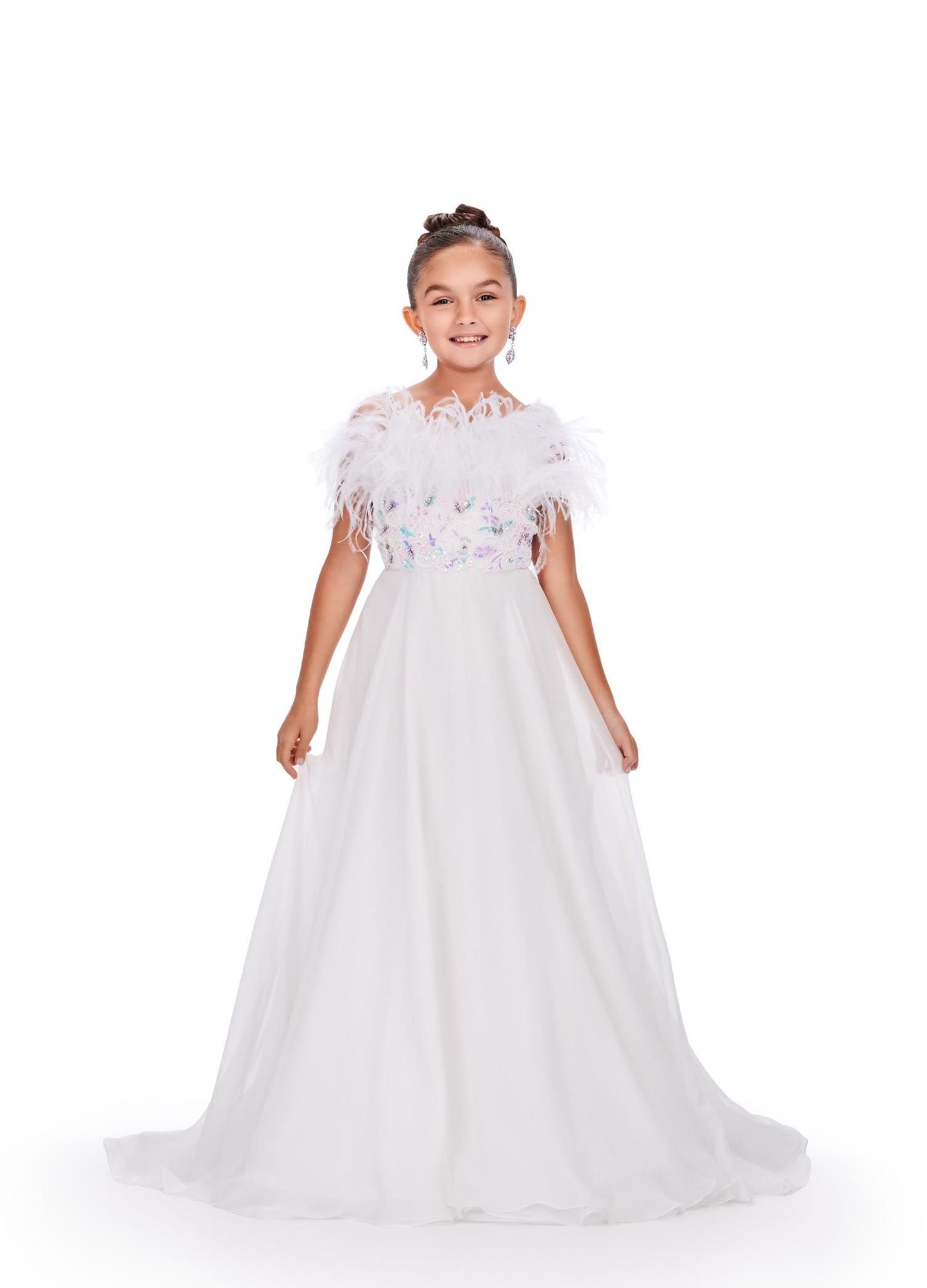 Ashley Lauren Kids 8236 Long Girls Pageant Dress A Line Chiffon Feather Beaded Ball Gown