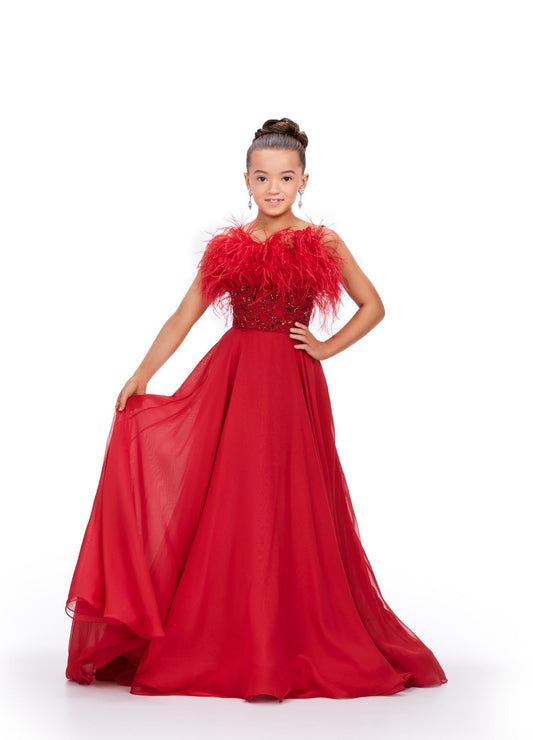 Ashley Lauren Kids 8236 Long Girls Pageant Dress A Line Chiffon Feather Beaded Ball Gown