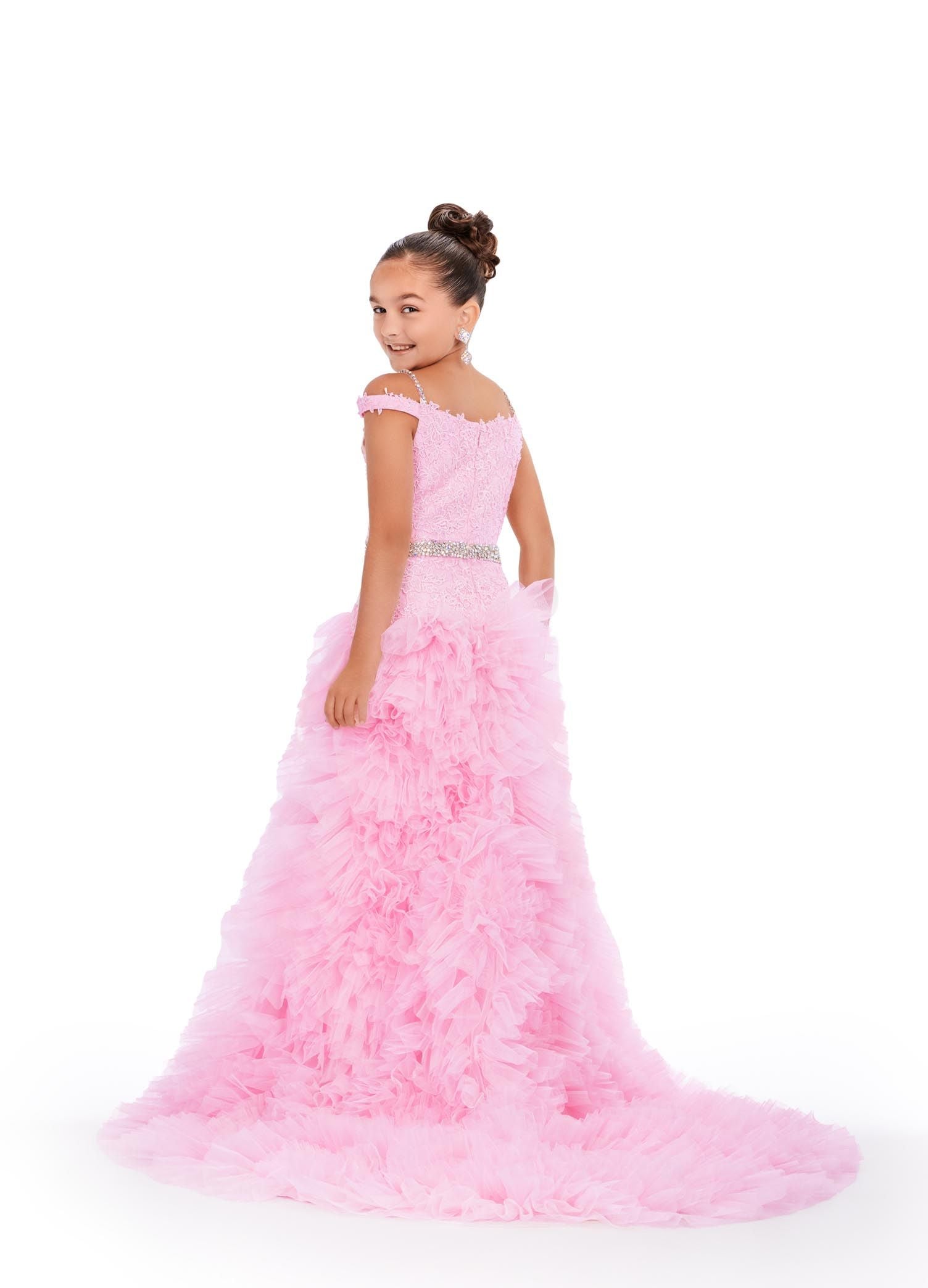 Ashley Lauren Kids 8224 Embroidered Lace Ruffle Tulle Skirt Beaded Detail Off The Shoulder Gown