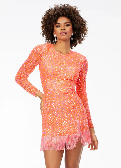Ashley Lauren 4438 Neon Orange Cocktail Dress.&nbsp; Show your classic style in this short sequin hand beaded homecoming dress.&nbsp; It has sheer embellished long sleeves, crew neckline and full coverage back. The feature of this dress is fringe that trims the hem of the dress and the mini slit.  Colors: Neon Orange  Sizes:&nbsp; 14
