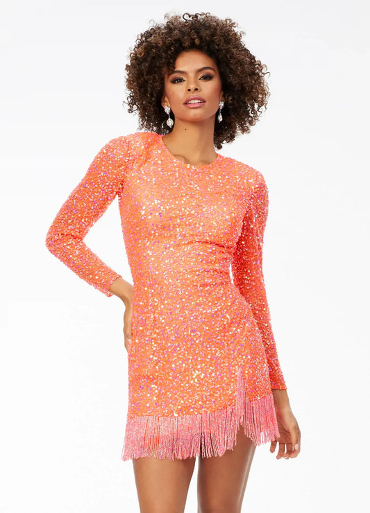 Ashley Lauren 4438 Neon Orange Cocktail Dress.&nbsp; Show your classic style in this short sequin hand beaded homecoming dress.&nbsp; It has sheer embellished long sleeves, crew neckline and full coverage back. The feature of this dress is fringe that trims the hem of the dress and the mini slit.  Colors: Neon Orange  Sizes:&nbsp; 14