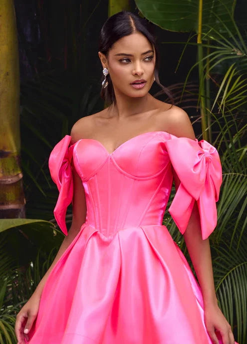 Ashley Lauren 11871 Size 12, 14 Hot Pink Long Prom Dress off the shoulder Bows Corset A Line Pageant Gown Pockets